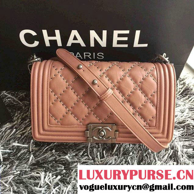 Chanel Calfskin Studded Boy Flap Bag Apricot Fall Winter 2015