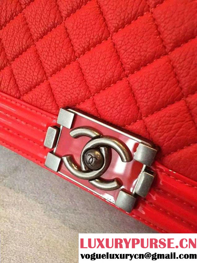 Chanel Goatskin with Patent Trim Medium Boy Flap Bag Red 2015