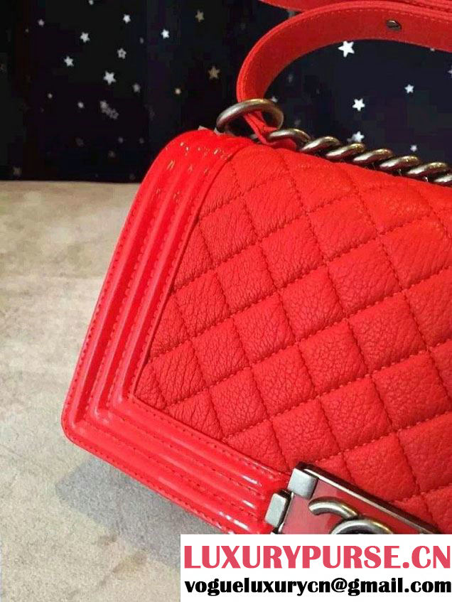 Chanel Goatskin with Patent Trim Medium Boy Flap Bag Red 2015