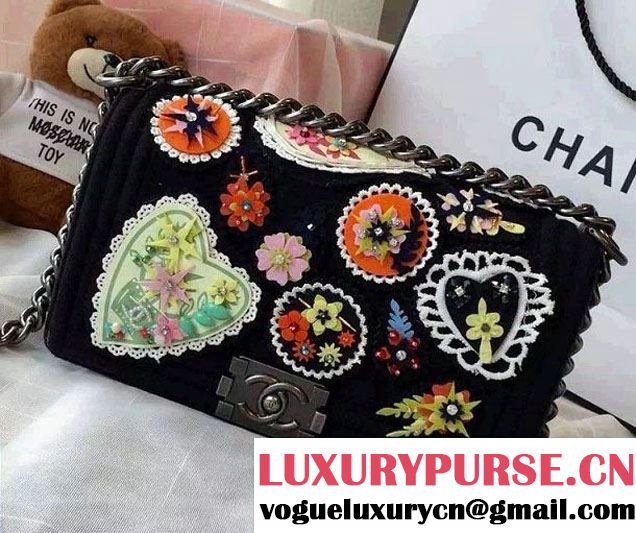 Chanel Felt Embellished With Crests Boy Flap Bag Black 2015