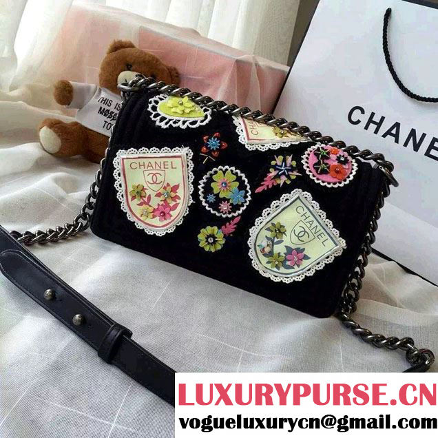 Chanel Felt Embellished With Crests Boy Flap Bag Black 2015
