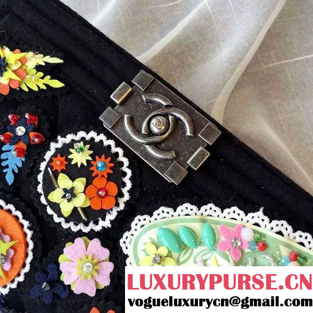 Chanel Felt Embellished With Crests Boy Flap Bag Black 2015