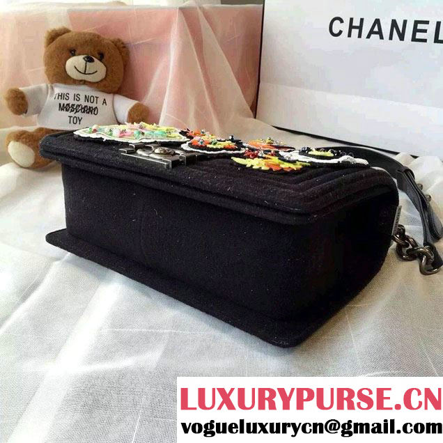 Chanel Felt Embellished With Crests Boy Flap Bag Black 2015