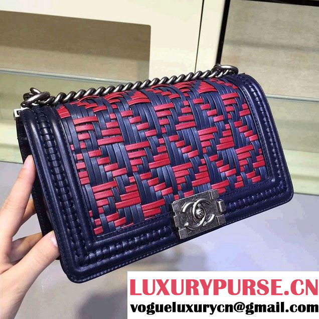 Chanel Calfskin and Braided Fabric Boy Flap Bag Royal Blue 2015
