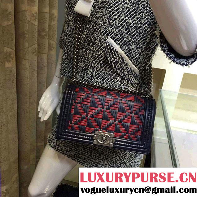 Chanel Calfskin and Braided Fabric Boy Flap Bag Royal Blue 2015