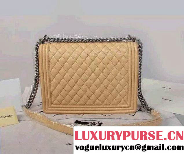 Chanel Large Boy Flap Shoulder Bag in Caviar Leather Apricot with Silver Hardware