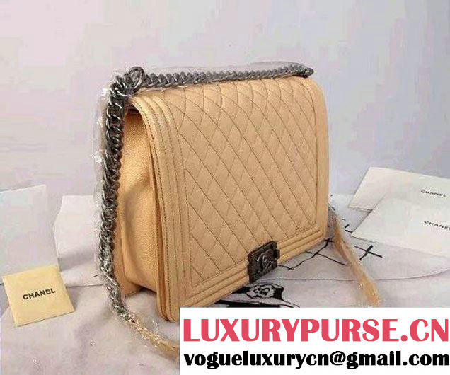 Chanel Large Boy Flap Shoulder Bag in Caviar Leather Apricot with Silver Hardware