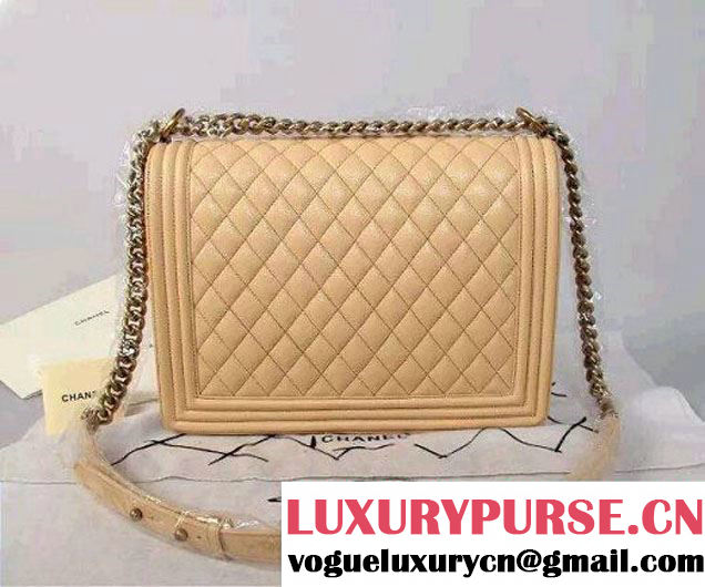 Chanel Large Boy Flap Shoulder Bag in Caviar Leather Apricot with Gold Hardware