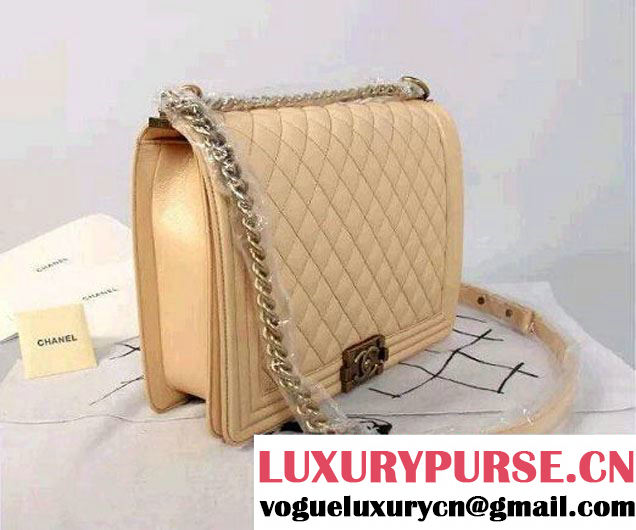 Chanel Large Boy Flap Shoulder Bag in Caviar Leather Apricot with Gold Hardware