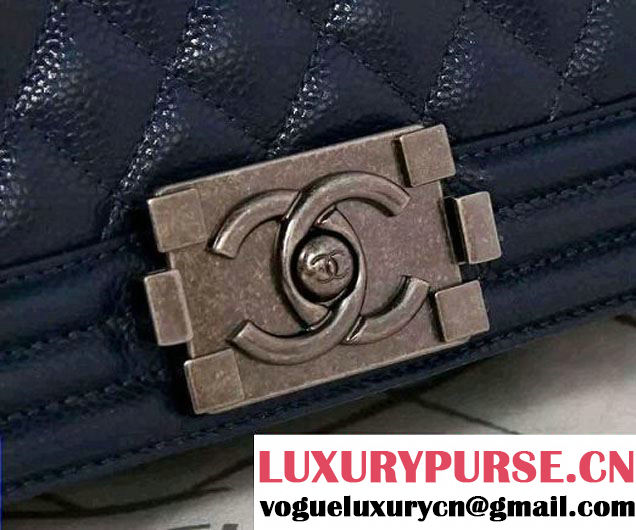 Chanel Large Boy Flap Shoulder Bag in Caviar Leather Royal Blue with Silver Hardware