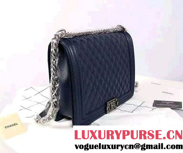 Chanel Large Boy Flap Shoulder Bag in Caviar Leather Royal Blue with Silver Hardware