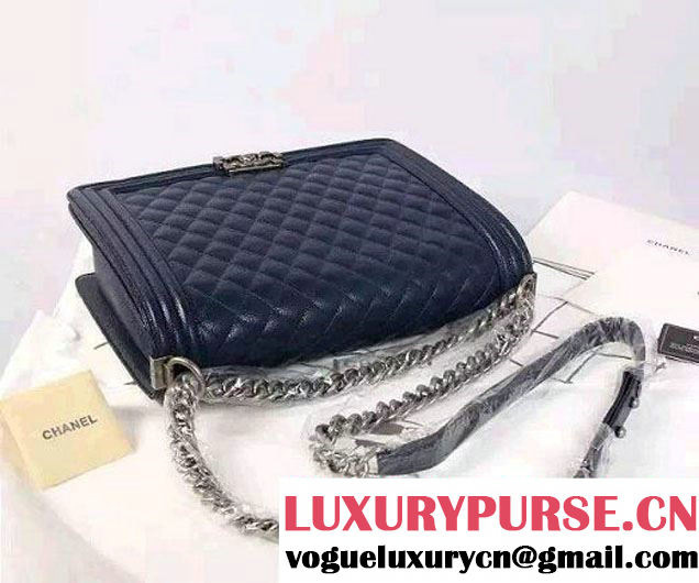 Chanel Large Boy Flap Shoulder Bag in Caviar Leather Royal Blue with Silver Hardware
