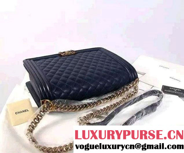 Chanel Large Boy Flap Shoulder Bag in Caviar Leather Royal Blue with Gold Hardware