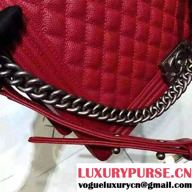 Chanel Large Boy Flap Shoulder Bag in Caviar Leather Red with Silver Hardware