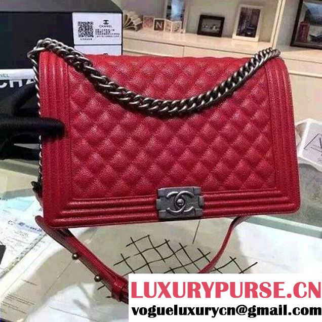 Chanel Large Boy Flap Shoulder Bag in Caviar Leather Red with Silver Hardware