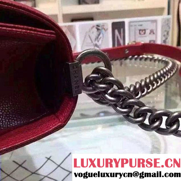 Chanel Large Boy Flap Shoulder Bag in Caviar Leather Red with Silver Hardware