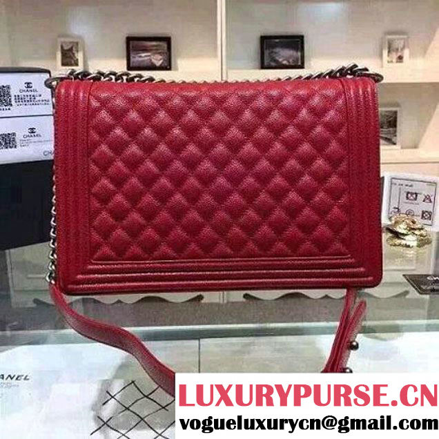 Chanel Large Boy Flap Shoulder Bag in Caviar Leather Red with Silver Hardware