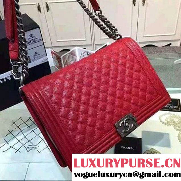 Chanel Large Boy Flap Shoulder Bag in Caviar Leather Red with Silver Hardware