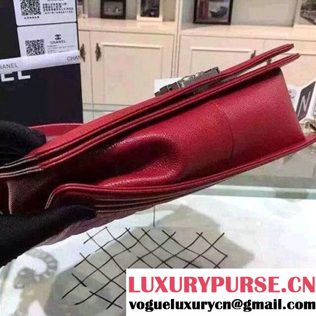 Chanel Large Boy Flap Shoulder Bag in Caviar Leather Red with Silver Hardware