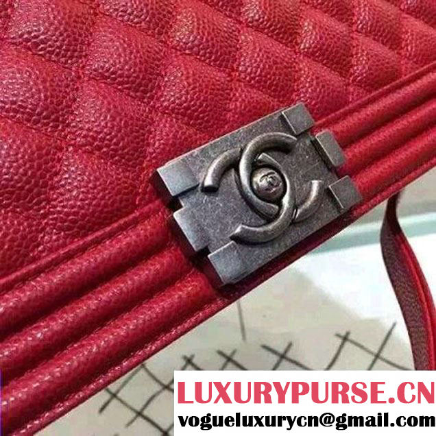 Chanel Large Boy Flap Shoulder Bag in Caviar Leather Red with Silver Hardware