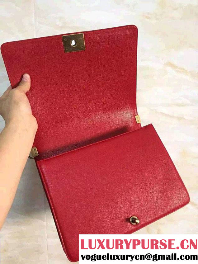 Chanel Large Boy Flap Shoulder Bag in Caviar Leather Red with Gold Hardware