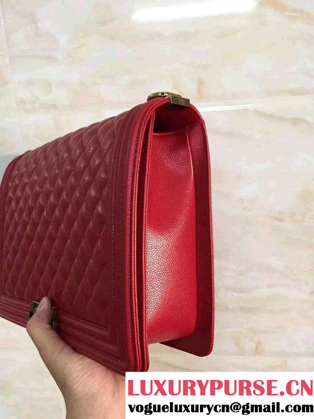 Chanel Large Boy Flap Shoulder Bag in Caviar Leather Red with Gold Hardware