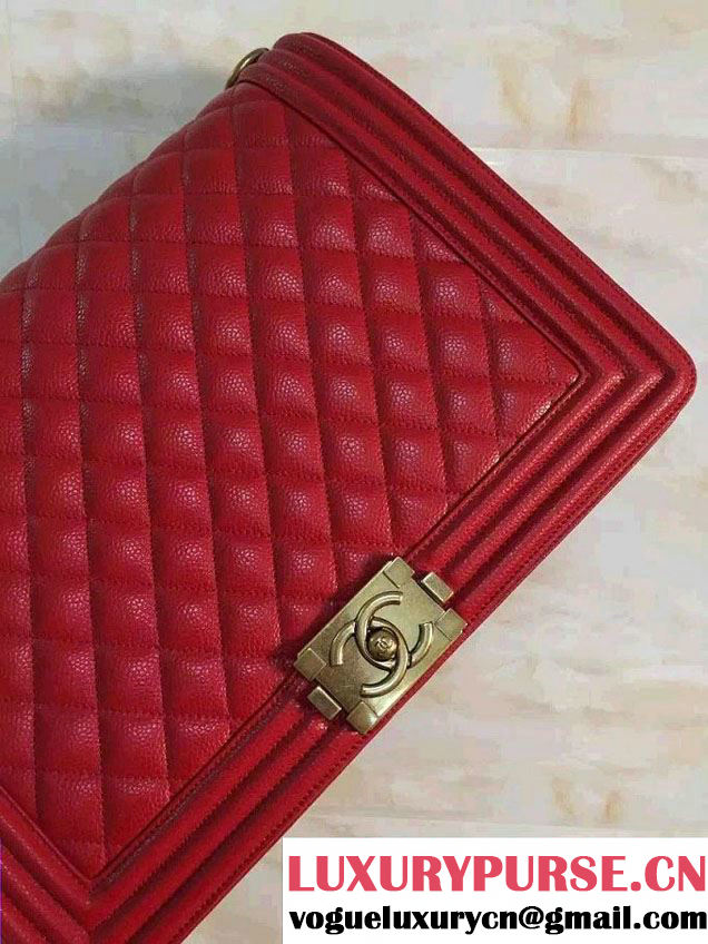 Chanel Large Boy Flap Shoulder Bag in Caviar Leather Red with Gold Hardware