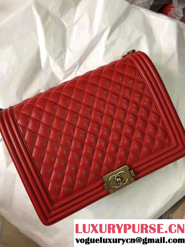 Chanel Large Boy Flap Shoulder Bag in Caviar Leather Red with Gold Hardware