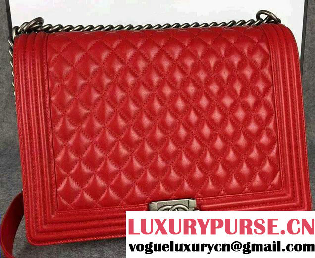 Chanel Large Boy Flap Shoulder Bag in Lambskin Leather Red with Silver Hardware