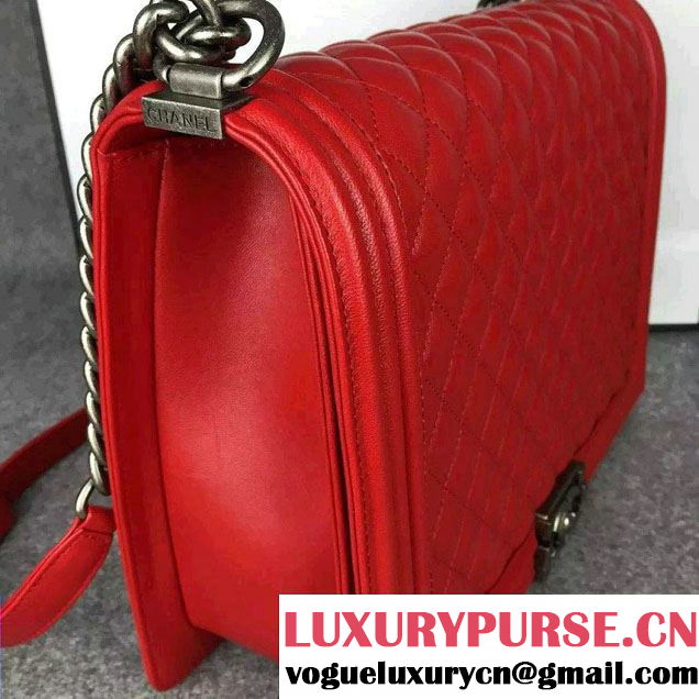 Chanel Large Boy Flap Shoulder Bag in Lambskin Leather Red with Silver Hardware