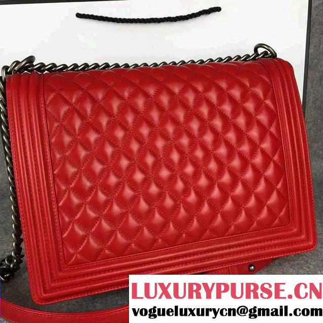 Chanel Large Boy Flap Shoulder Bag in Lambskin Leather Red with Silver Hardware