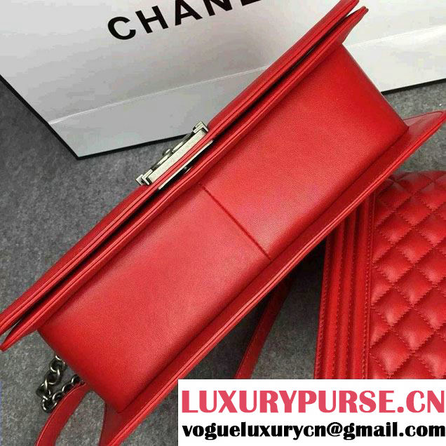 Chanel Large Boy Flap Shoulder Bag in Lambskin Leather Red with Silver Hardware