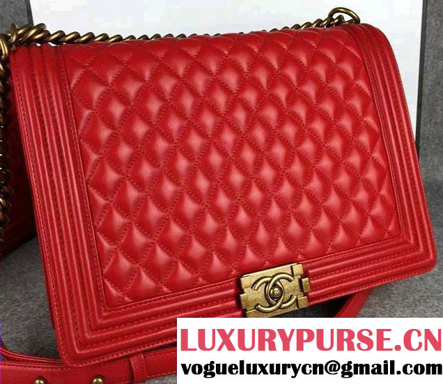 Chanel Large Boy Flap Shoulder Bag in Lambskin Leather Red with Gold Hardware