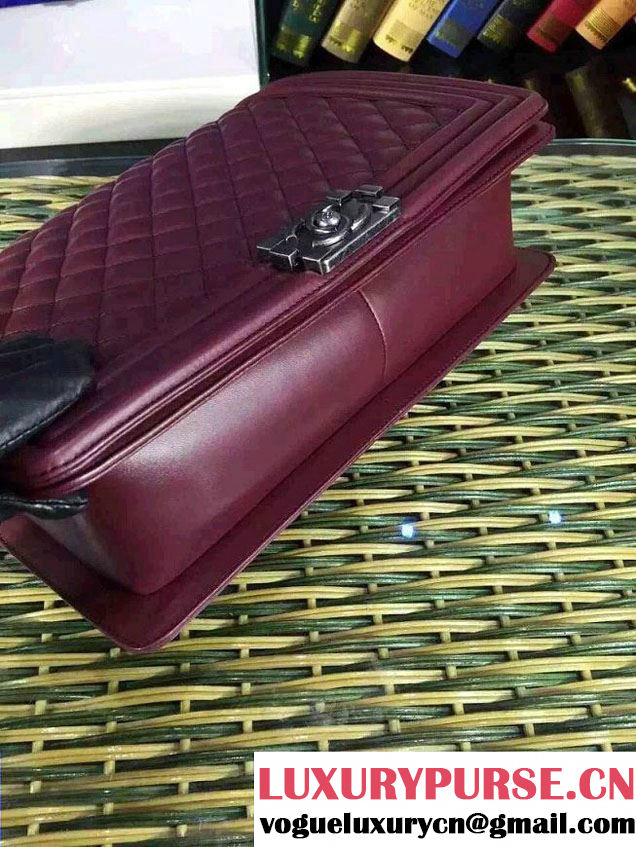 Chanel Large Boy Flap Shoulder Bag in Lambskin Leather Burgundy with Silver Hardware