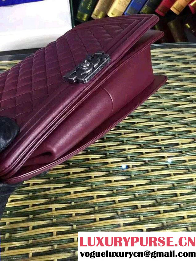 Chanel Large Boy Flap Shoulder Bag in Lambskin Leather Burgundy with Silver Hardware