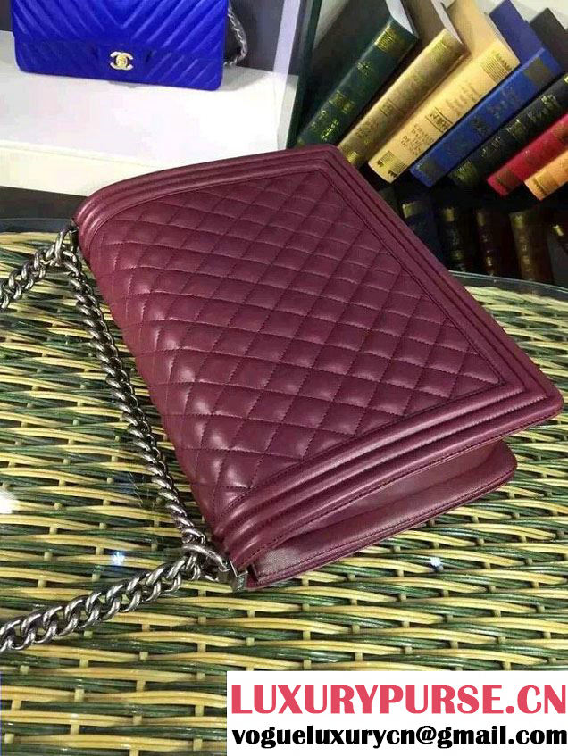 Chanel Large Boy Flap Shoulder Bag in Lambskin Leather Burgundy with Silver Hardware