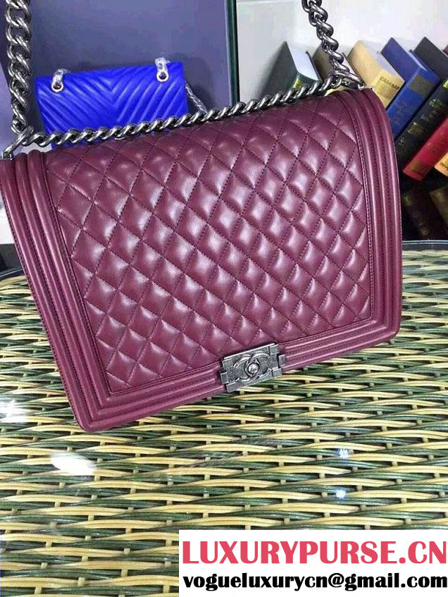 Chanel Large Boy Flap Shoulder Bag in Lambskin Leather Burgundy with Silver Hardware