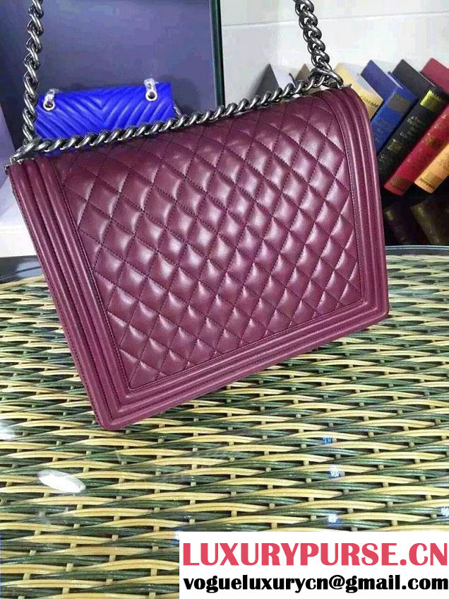 Chanel Large Boy Flap Shoulder Bag in Lambskin Leather Burgundy with Silver Hardware