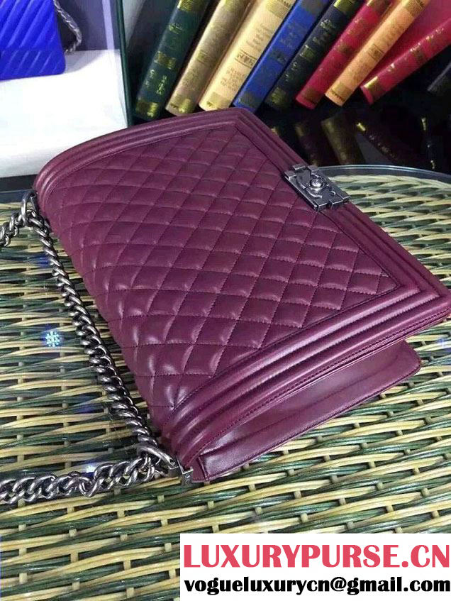 Chanel Large Boy Flap Shoulder Bag in Lambskin Leather Burgundy with Silver Hardware