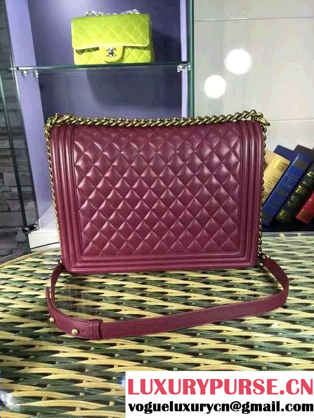 Chanel Large Boy Flap Shoulder Bag in Lambskin Leather Burgundy with Gold Hardware