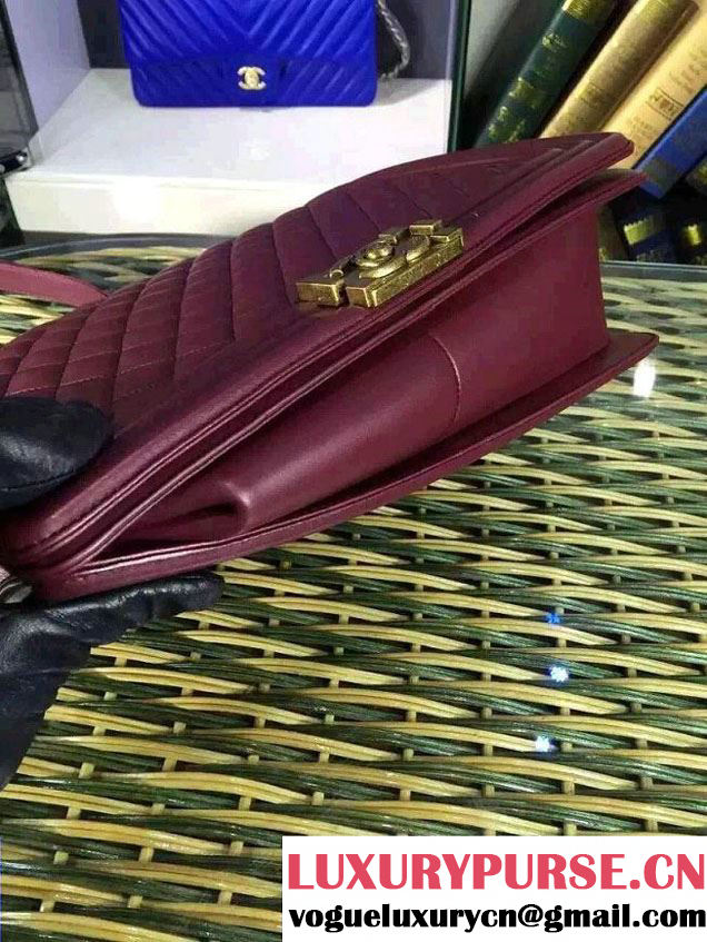 Chanel Large Boy Flap Shoulder Bag in Lambskin Leather Burgundy with Gold Hardware