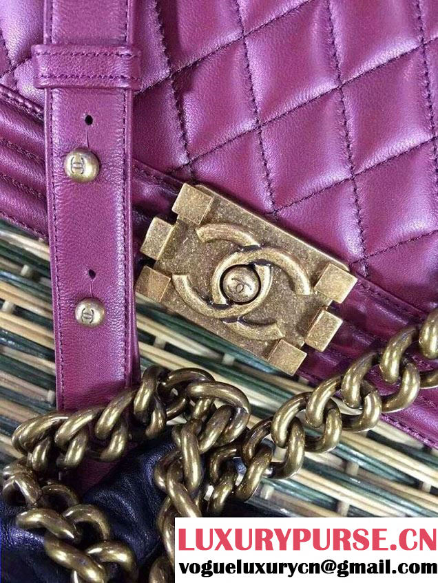 Chanel Large Boy Flap Shoulder Bag in Lambskin Leather Burgundy with Gold Hardware