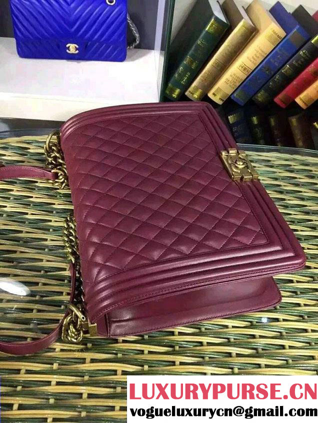 Chanel Large Boy Flap Shoulder Bag in Lambskin Leather Burgundy with Gold Hardware
