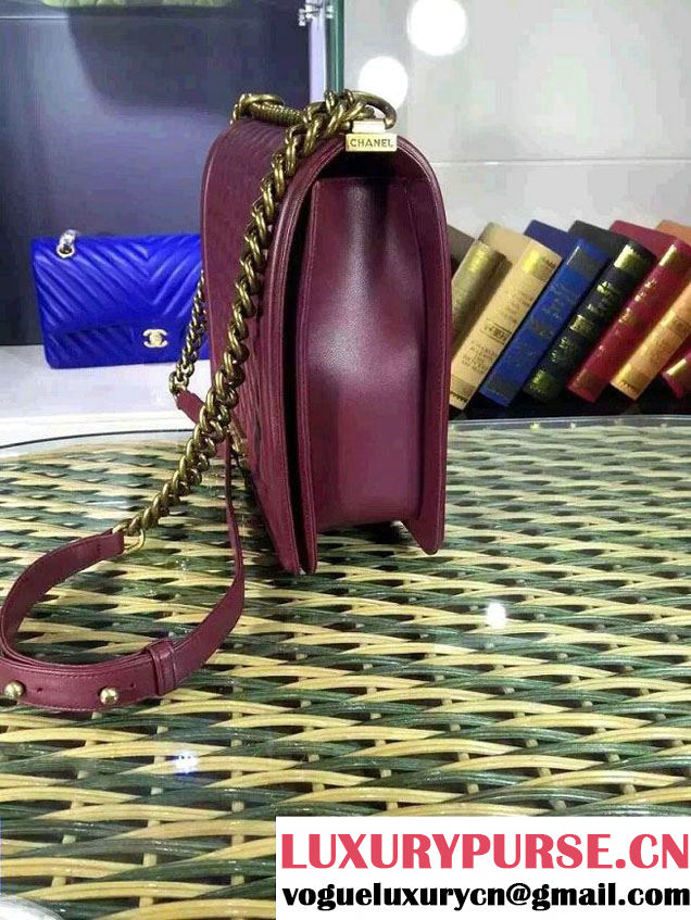 Chanel Large Boy Flap Shoulder Bag in Lambskin Leather Burgundy with Gold Hardware