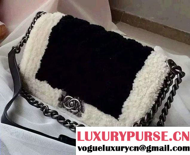 Chanel Shearling Boy Flap Medium Bag Black/Ivory in Salzburg Fall 2015