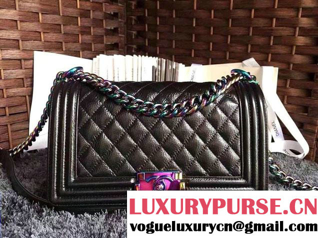 Chanel Iridescent Boy Flap Bag Black with Rainbow Hardware 2015/2016