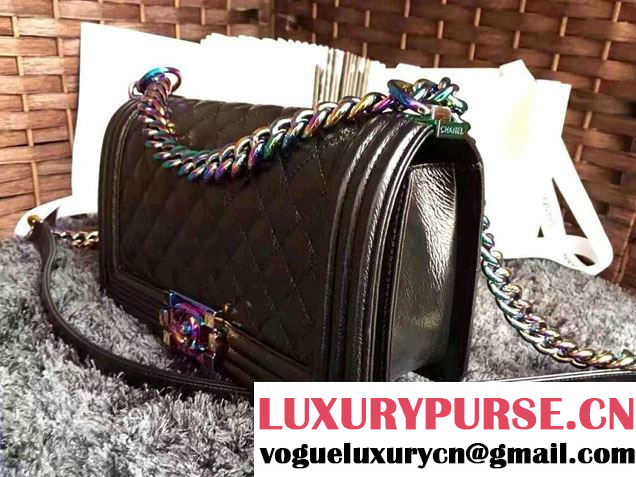 Chanel Iridescent Boy Flap Bag Black with Rainbow Hardware 2015/2016