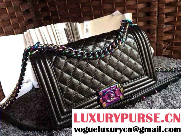 Chanel Iridescent Boy Flap Bag Black with Rainbow Hardware 2015/2016