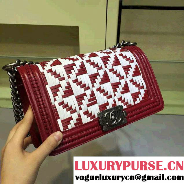 Chanel Calfskin and Braided Fabric Boy Flap Bag Red 2015