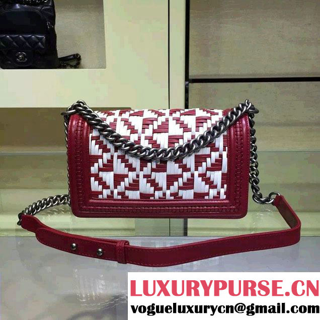 Chanel Calfskin and Braided Fabric Boy Flap Bag Red 2015